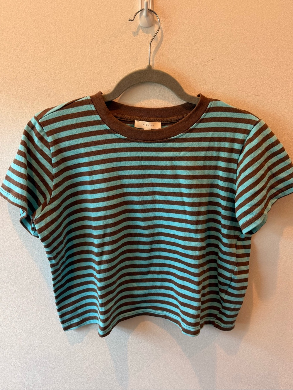 All:Row Striped Cropped Boxy Tee Brown & Aqua Blue Size Medium